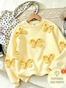 SHEIN 女童柔軟保暖黃色圓領衛衣，仿3D毛絨珍珠蝴蝶結裝飾，長袖套頭衫，嬰兒仙女公主風，適合7歲生日與婚禮 - 彩色 - 查看 4