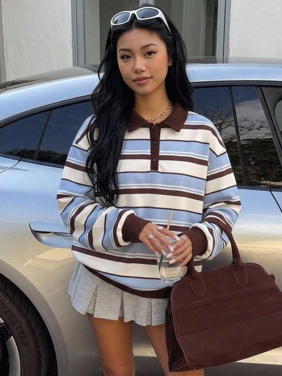 SHEIN 青少年女孩秋季復古歐美風 Polo 領鈕扣寬鬆休閒學院風長袖冬季衛衣,Y2K 風格,條紋印花,Sixth Form - 咖啡棕 - 查看 1