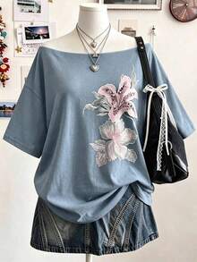 Lalippa 大尺碼女款花卉印花休閒百搭日常穿著T恤 - 彩色 - 查看 1