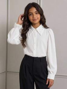SHEIN 兒童青少年女孩秋冬休閒學院風精緻珠飾大領長袖鈕扣襯衫 白色兒童襯衫 返校季小學校服上衣 - 白色 - 查看 8