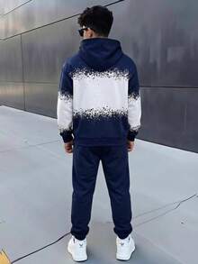 SHEIN 兒童青少年男孩字母與數字印花連帽衛衣與運動長褲休閒日常套裝 - 藍色 - 查看 2