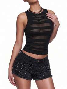 SHEIN ICON 女士纯色简约无袖背心，休闲日常穿着 - 黑色 - 查看 3