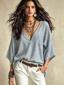 Glimmora Women's V-Neck Striped Pocket Casual Shirt - Multicolor - View 3