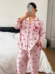Napfluff CURVE Napfluff CURVE طقم بيجامة مقاس كبير بطبعة قلب مخططة وياقة، ملابس منزلية بتصميم فيونكة لطيف - وردي - مشاهدة 6