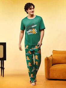 Notgurli GARFIELD | SHEIN 聯名印花男士短袖上衣與長褲家居服套裝 - 綠色 - 查看 5