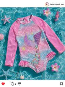 THE HAPPY LOOK Young Girls T-Shirt Co-Ords Baby One-Piece Swimsuit Long Sleeve Colorblock Raglan Sleeves Mermaid Print Ruffle Hem Ocean Print Pink Multicolor Cute Style Cute Print Vacation Style Suitable For Baby Spring Summer Outings Spring Trips Vacation Pool Beach Sand Baby Swimwear - Multicolor - View 1