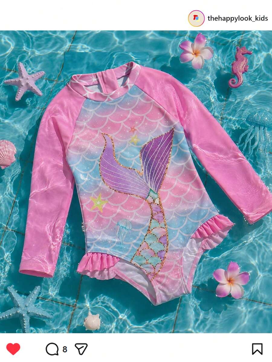 THE HAPPY LOOK Young Girls T-Shirt Co-Ords Baby One-Piece Swimsuit Long Sleeve Colorblock Raglan Sleeves Mermaid Print Ruffle Hem Ocean Print Pink Multicolor Cute Style Cute Print Vacation Style Suitable For Baby Spring Summer Outings Spring Trips Vacation Pool Beach Sand Baby Swimwear - Multicolor - View 1