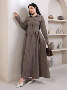 Veilorie Women's Autumn/Winter Casual Front Button Cinched Waist Long Dress - Brown - View 6