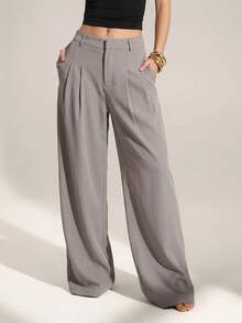 SHEIN Tall 「Old Money Style」性感商務休閒高腰百褶寬腿長褲，優雅素色寬鬆修身女款上班通勤工作褲 - 灰色 - 查看 6