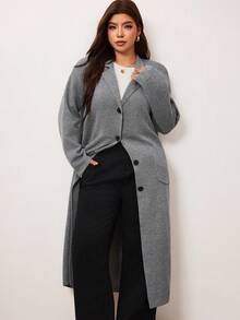 Enliva Plus Size Women Solid Color Lapel NeckLong Sleeve Long Loose Knit Cardigan Winter - Grey - View 4