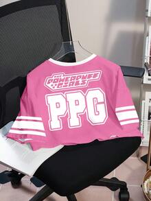 THE POWERPUFF GIRLS X SHEIN 女款字母卡通印花短袖休閒短版T恤 - 白色 - 查看 2