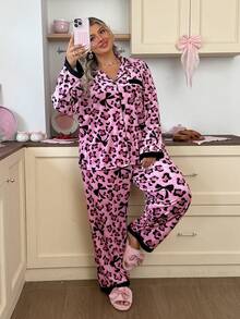Slumberry CURVE Sweet Comfortable Romantic Bow Leopard Print Jacquard Velvet Plus Size Pajama Set - Pink - View 6