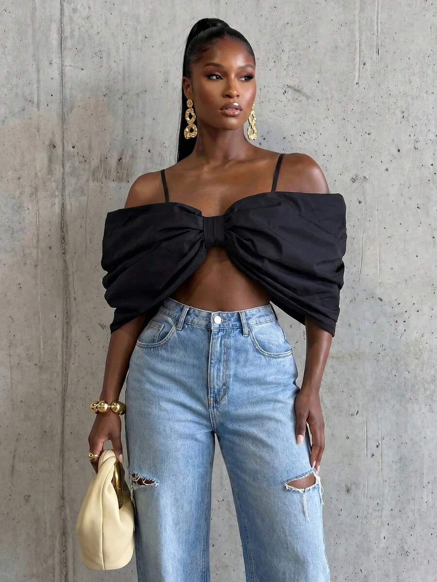 BamGlimmer Plus Size Black Off Shoulder Big Bow Camisole Crop Top For Women - Black - View 1