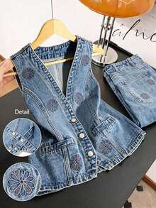 GlowEve CURVE Plus Size Women's V-Neck Floral Pattern Casual Daily Denim Jacket - Medium Wash - View 2
