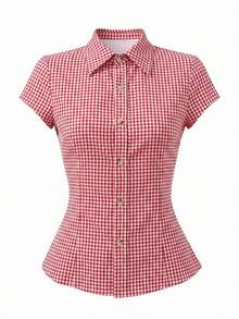 EMERY ROSE Women's Polo Collar Short Sleeve Fitted Shirt - Red - View 6