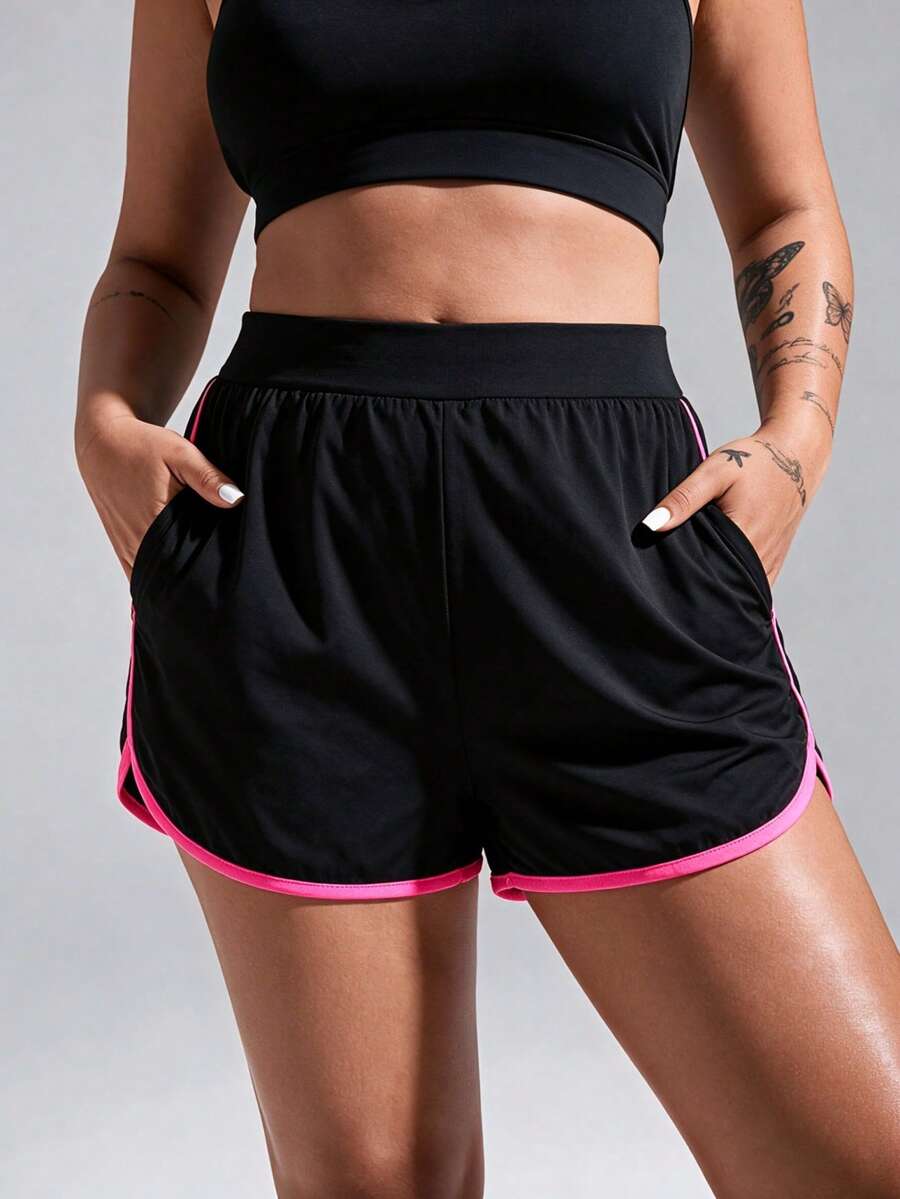 Solea Cove 2026 New Women's Plus Size High Elasticity Versatile Sports Shorts With Trim - Black - View 1