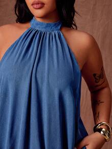 Slaydiva Gaun Denim Tanpa Punggung Model Halter Neck Ukuran Plus Kasual Seksi untuk Liburan, Kencan Malam Formal, Biru Musim Gugur - Coklat - View 4