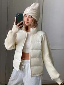 DAZY Women's Colorblock Zipper Casual Winter Padded Coat Fall - White - View 4