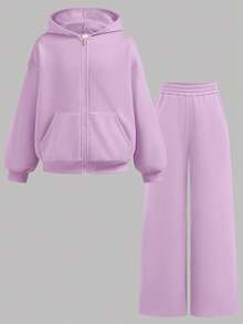 SHEIN 青少年女孩純色拉鍊口袋連帽衛衣與運動長褲套裝 - 紫色 - 查看 12