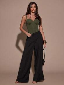 SHEIN BAE 女款純色極簡性感街頭風細肩帶連身衣 - 軍綠色 - 查看 6