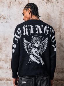 Skyrend Autumn/Winter New Personalized Angel Cartoon Pattern Jacquard Knit Casual Retro Versatile Long Sleeve Crew Neck Sweater - Black - View 2