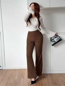 Feyla New Maillard Vintage Button-Front Flare Leg Pants - Brown - View 8