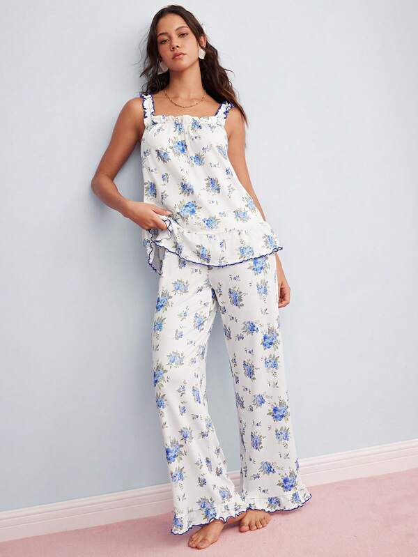 Elorette 2pcs Blue Floral Ruffle Full Print Camisole + Long Pants Romantic Pastoral Women's Pajama Set