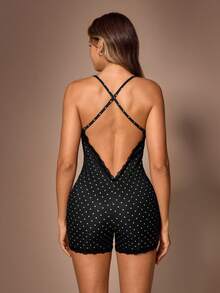 Lazeform Lace Trim V-Neck Polka Dot Spaghetti Strap Romper Nightgown - Black - View 2