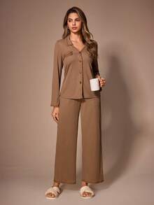 Lazeform Women's Vintage Textured Lapel Long Sleeve Wide Leg Drape Elastic Loungewear Set - Coffee Brown - View 7