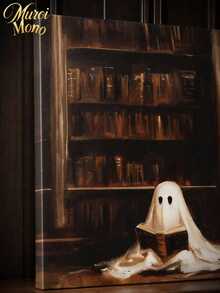Muroi Mono 1pc Dark Academia Canvas Wall Art, Retro Painting Of Cute White Ghost Reading Book In Old Library, Gothic Spooky Art Print Poster, Home Aesthetic Wall Hanging Decor For Living Room Bedroom Halloween Decor - multicolor - View 5