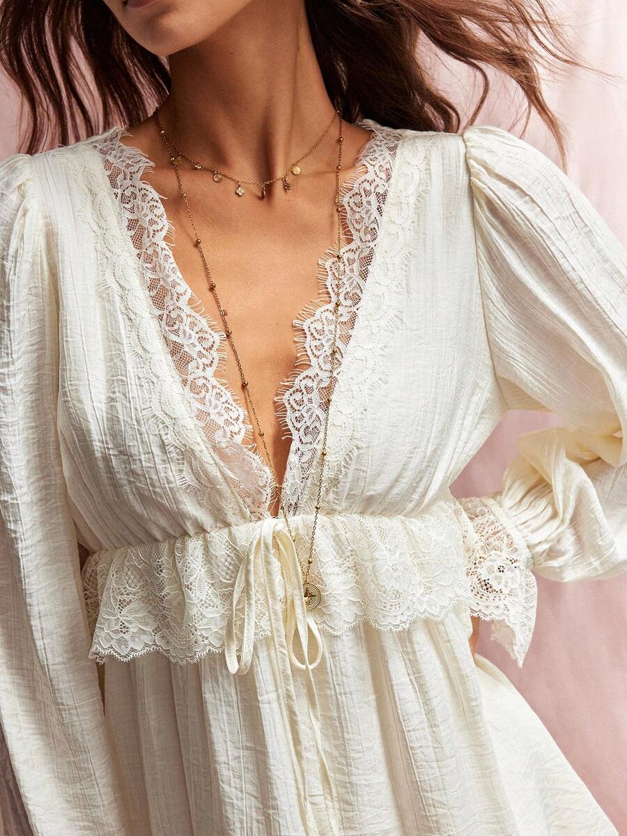 Willow Rêve Women's Cream White Embroidered Trim Deep V-Neck Drawstring Waist Puff Long Sleeve Chiffon Mini Dress Vacation Autumn Cottagecore Romantic - Cream - View 1