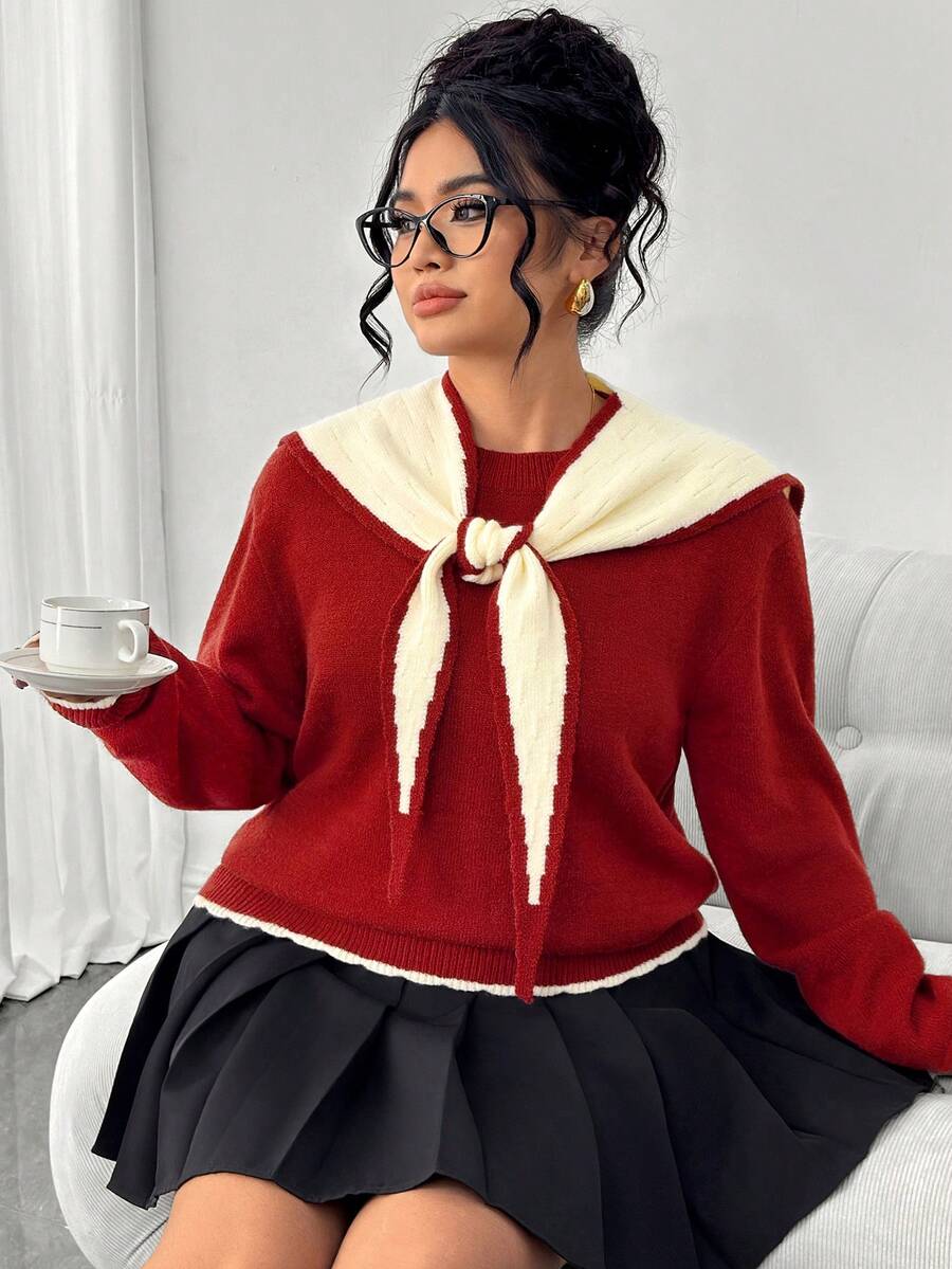 Elenzga Plus Size Colorblock Shawl Collar Round Neck Long Sleeve Slimming Versatile Knit Sweater Winter - Red - View 1