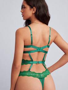 Elorette Women's Lace Patchwork Sexy Lingerie Jumpsuit - Olive Green - View 2