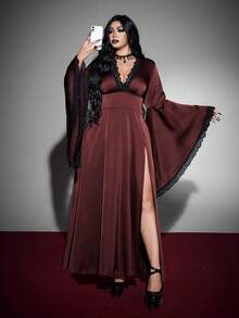 Whyspr Gaun Gothic Halloween Seksi Ukuran Plus, Cokelat Tua Berenda dengan Leher V Dalam dan Lengan Lonceng, Cocok untuk Pesta Malam Musim Gugur. - Rust Brown - View 3