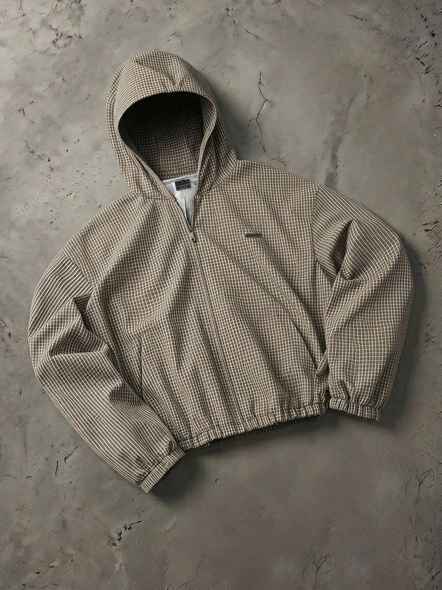 SUMWON Hooded Checked Bomber Jacket With Full Zip Closure Elastic Cuffs And Waistband Micro Gingham Pattern Oversized Fit Autumn Winter Outerwear - Khaki - View 1