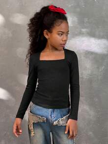 ملابس علوية داخلي أسود بأكمام طويلة للفتيات المراهقات، تيشيرت أساسي بياقة مربعة وقصة ضيقة للطبقات - الأسود - مشاهدة 4