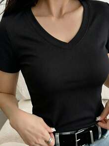 DAZY Women's Casual Solid Color Short Sleeve T-Shirt, Versatile For Summer - Black - View 4