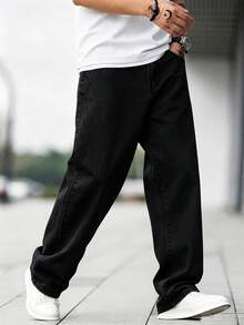 Manfinity Roughcore Jeans de algodón de corte holgado para hombre con bolsillos inclinados - Negro - Ver 1