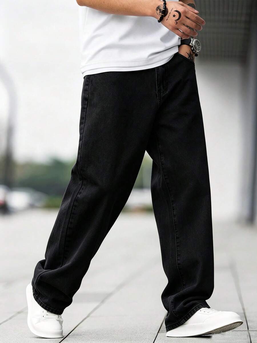 Manfinity Roughcore Jeans de algodón de corte holgado para hombre con bolsillos inclinados - Negro - Ver 1
