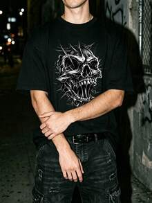 Manfinity Dauomo Halloween Spiky Thorns Screaming Skull Graphic T-Shirt, Heavy Metal Gothic Dark Punk Black And White Tee. Suitable For Concert Rave Streetwear - Black - View 3