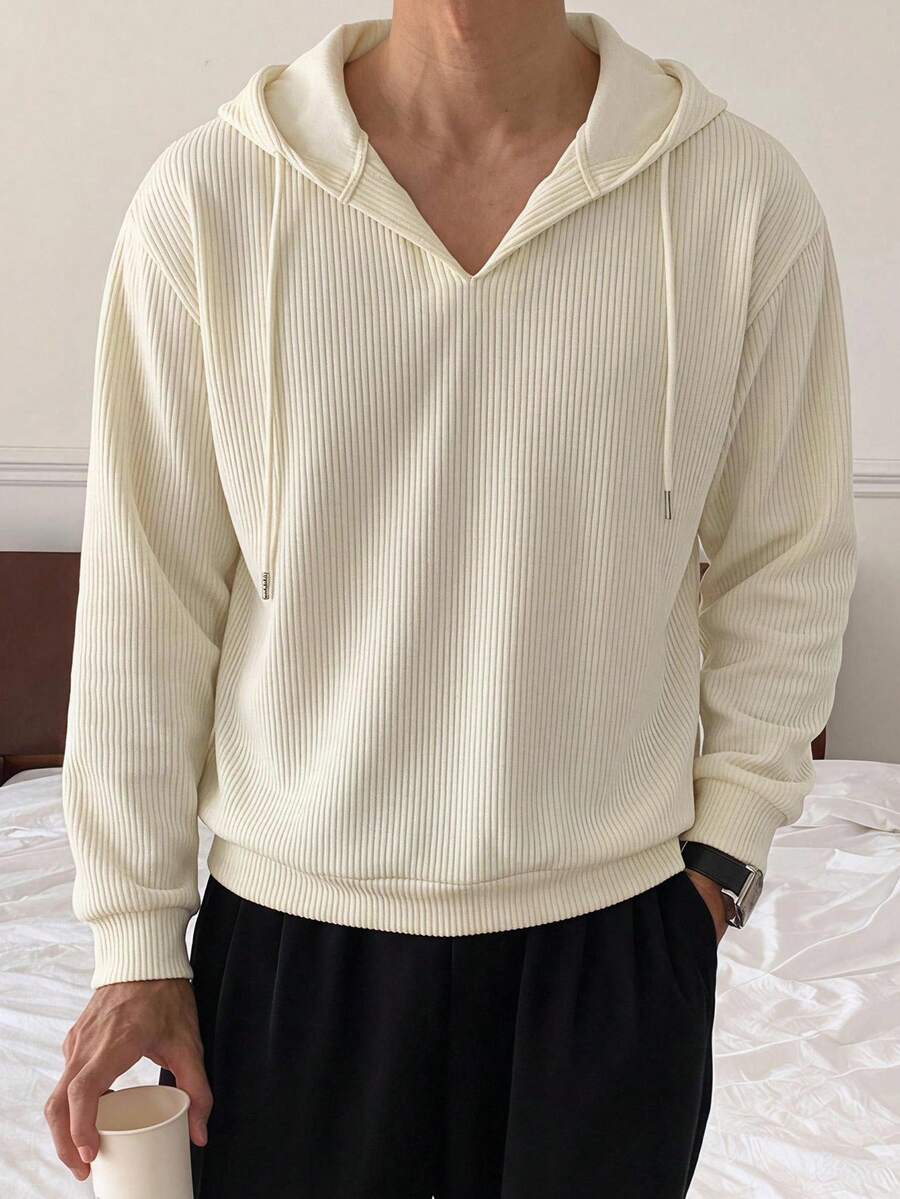 DAZY Off-White 男士純色長袖連帽 V 領帽 T - 白色 - 查看 1