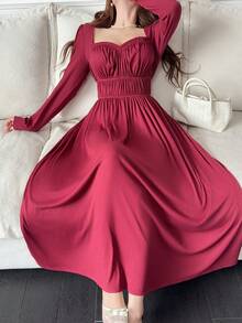 Feyla Women's Solid Color Pleated Casual Party Dress - Burgundy - View 4