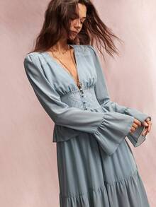 Willow Rêve Women's Dusty Blue V Neck Long Sleeve Maxi Dress Lace Patchwork Ruffle Peplum Tiered Hem Romantic Elegant Autumn Wedding Brunch Tea Party Gown - Green - View 6
