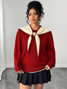 Elenzga Plus Size Colorblock Shawl Collar Round Neck Long Sleeve Slimming Versatile Knit Sweater Winter - Red - View 4