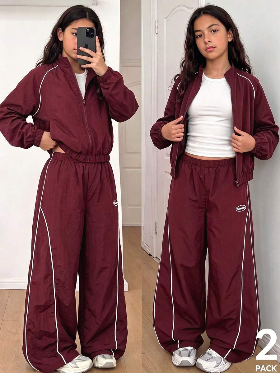 SHEIN 兩件式時尚休閒黑色立領夾克與長褲套裝,適合大女孩,秋季穿搭 - 酒紅色 - 查看 1