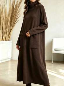 Holdful Holdful Gaun Rajut Kasual Serbaguna Musim Gugur/Dingin Wanita Terbaru - Coffee Brown - View 4