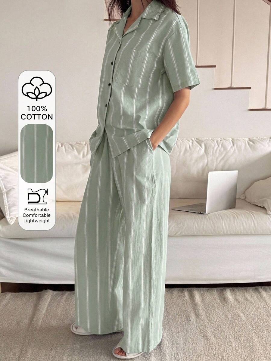DAZY 2pcs Set Pakaian Tidur Musim Panas Wanita: Kardigan Longgar Lengan Pendek Kancing Warna Kontras Bergaris & Celana Panjang Piyama Lurus - Hijau - View 1