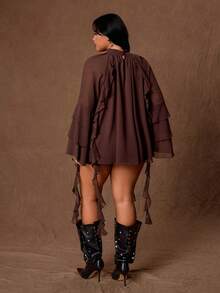 Rustia Blus Fashion Wanita Ukuran Besar Warna Polos Kerah Tegak Lengan Lebar untuk Musim Gugur - Coklat - View 2