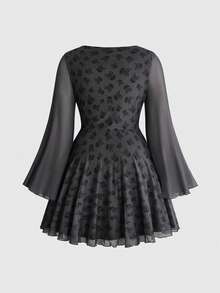 ROMWE Goth Y2K Fashion Punk Skull Print Bustier Short Mesh Long Sleeve Dress - Black - View 2