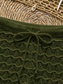 Soleia Knitted Crochet Drawstring Hollow Out Fitted Shorts - Army Green - View 4